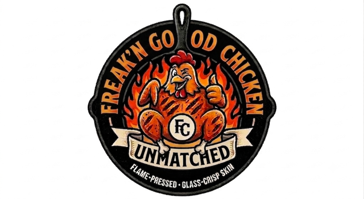 Freak'n Good Chicken badge — flame-pressed, glass-crisp skin
